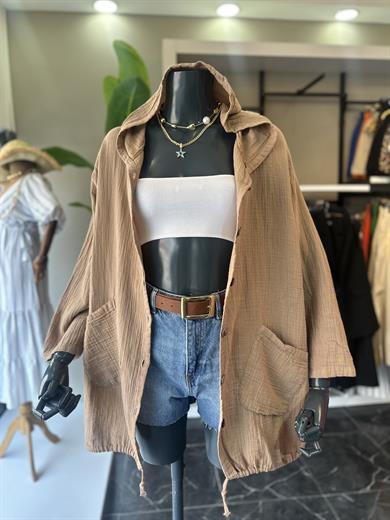 Açık Kahve Cepli Kapşonlu Müslin Gömlek