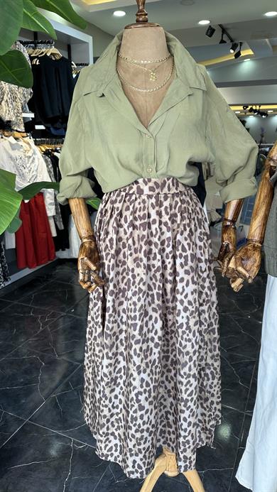 Açık Kahve Leopar Yırtaçlı Etek