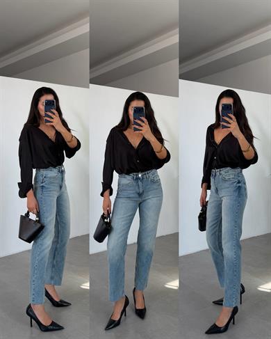 Açık Mavi Boyfit Kesik Paça Jean