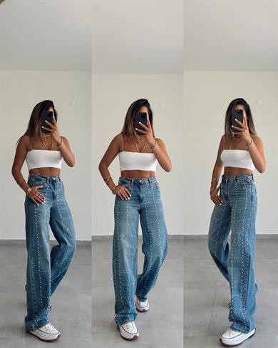 Açık Mavi Taşlı Palazzo Pantolon