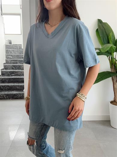 Açık Mavi V Yaka Oversize Tshirt