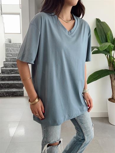 Açık Mavi V Yaka Oversize Tshirt
