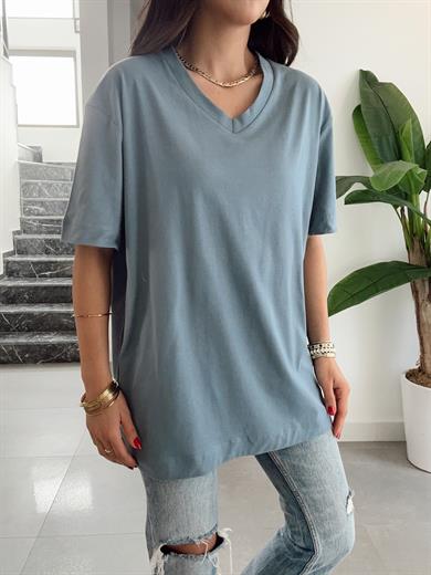 Açık Mavi V Yaka Oversize Tshirt
