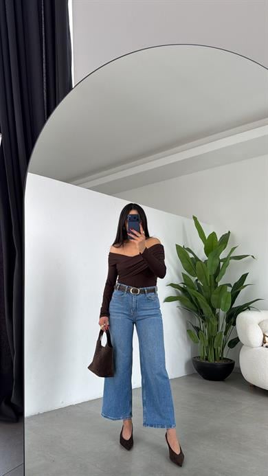 Açık Mavi Wideleg Likralı Kemerli Pantolon