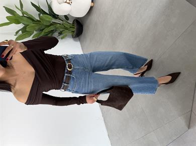 Açık Mavi Wideleg Likralı Kemerli Pantolon