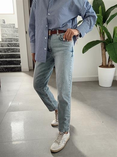 Açık Mavi Yüksek Bel Mom Fit Pantolon