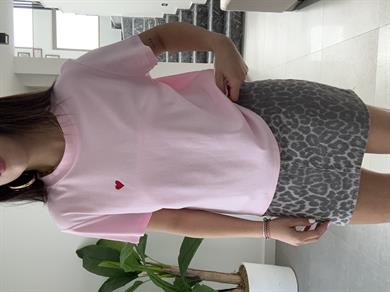 Açık Pembe  Bisiklet Yaka Kalp Baskılı Tshirt