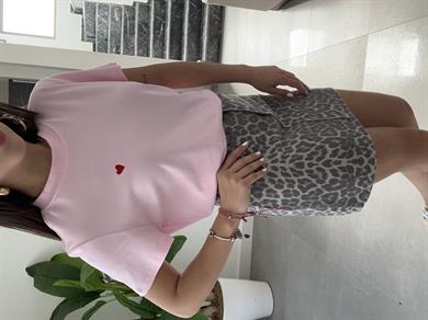 Açık Pembe  Bisiklet Yaka Kalp Baskılı Tshirt