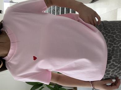 Açık Pembe  Bisiklet Yaka Kalp Baskılı Tshirt