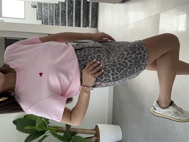 Açık Pembe  Bisiklet Yaka Kalp Baskılı Tshirt