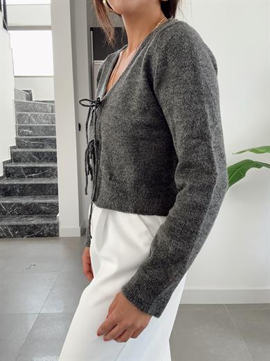 Antrasit Bağlama Detaylı Triko Hırka