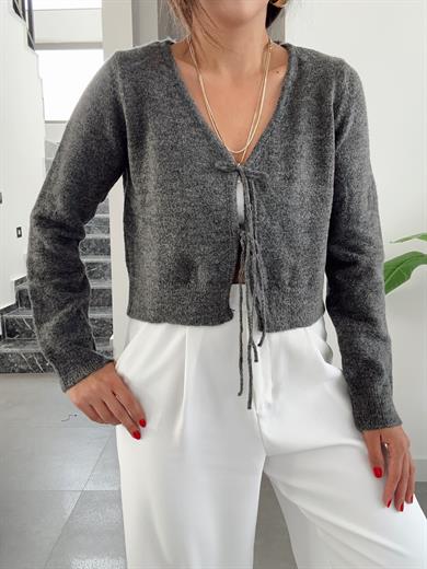 Antrasit Bağlama Detaylı Triko Hırka