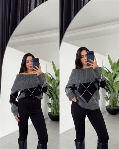 Antrasit Baklava Desen Madonna Yaka Kazak