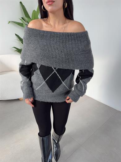 Antrasit Baklava Desen Madonna Yaka Kazak