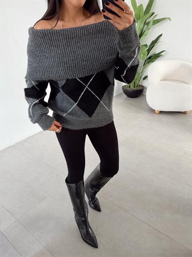 Antrasit Baklava Desen Madonna Yaka Kazak