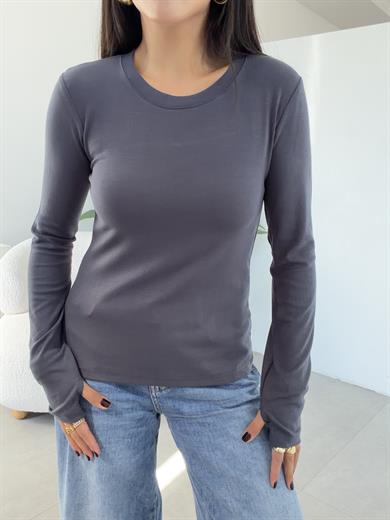 Antrasit Beliza Parmak Geçme Bisiklet Yaka Bluz