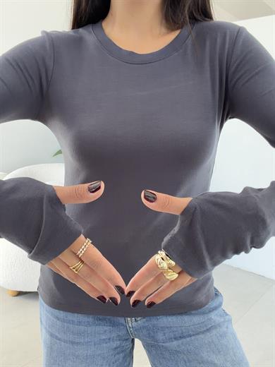 Antrasit Beliza Parmak Geçme Bisiklet Yaka Bluz