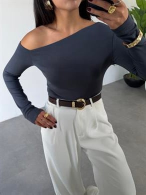 Antrasit Buzy Kayık Yaka Tek Omuz Uzun Kol Bady