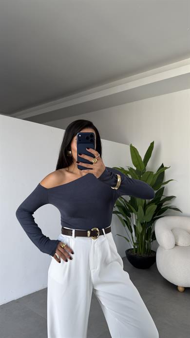 Antrasit Buzy Kayık Yaka Tek Omuz Uzun Kol Bady