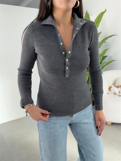 Antrasit Çıtçıtlı Boğazlı Kazak