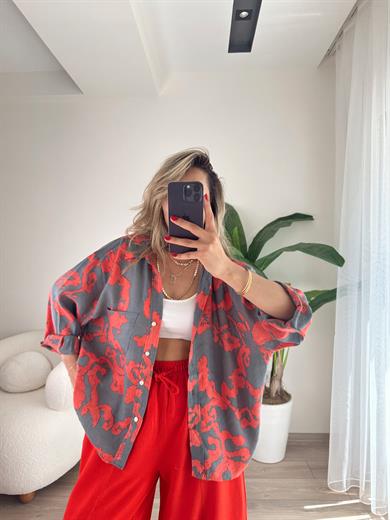 Antrasit Desenli Düşük Omuzlu Gömlek