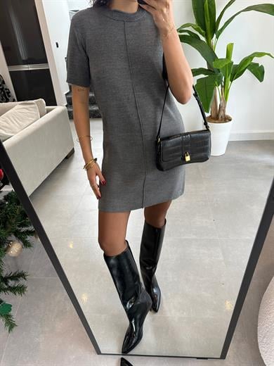 Antrasit Dikiş Detaylı Triko Elbise