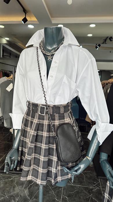 Antrasit Ekose Desenli Pileli Kısa Etek