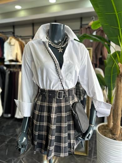 Antrasit Ekose Desenli Pileli Kısa Etek