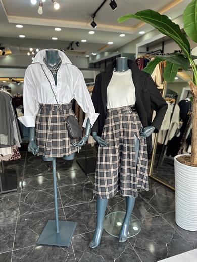 Antrasit Ekose Desenli Pileli Kısa Etek