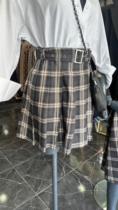 Antrasit Ekose Desenli Pileli Kısa Etek