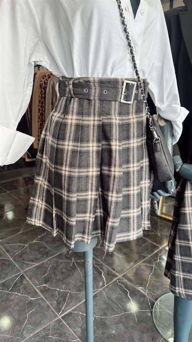 Antrasit Ekose Desenli Pileli Kısa Etek