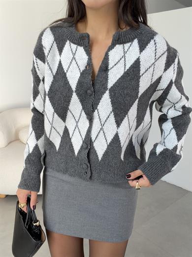 Antrasit-Ekru Baklava Desen Hırka