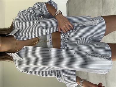 Antrasit-Ekru Poplin Çizgili Şortlu Gömlek Takım