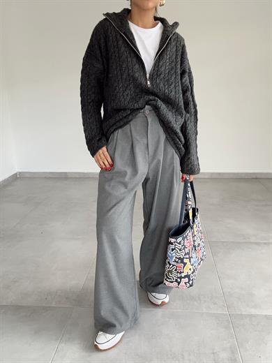 Antrasit Fermuarlı Triko Kazak