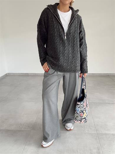 Antrasit Fermuarlı Triko Kazak