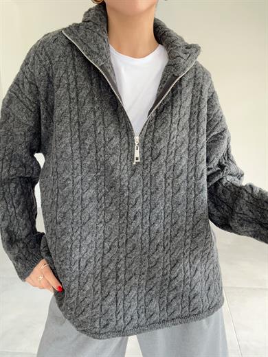 Antrasit Fermuarlı Triko Kazak