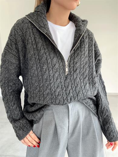 Antrasit Fermuarlı Triko Kazak