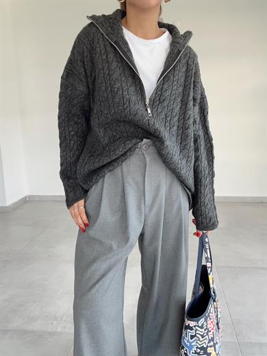 Antrasit Fermuarlı Triko Kazak