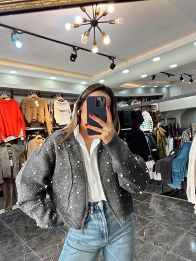 Antrasit İncili Triko Hırka