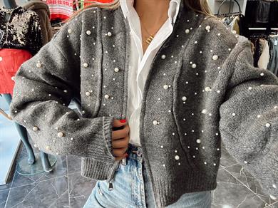 Antrasit İncili Triko Hırka