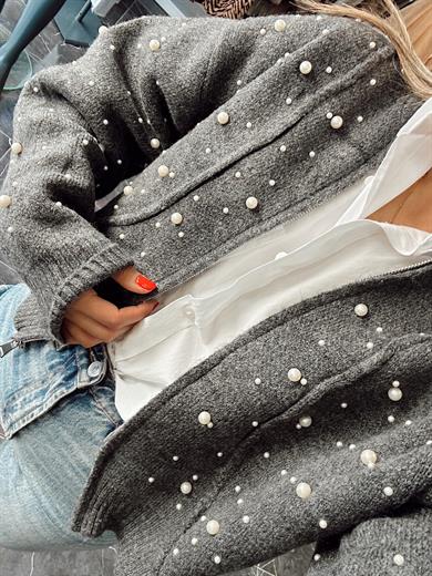 Antrasit İncili Triko Hırka