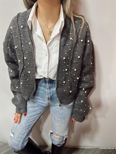 Antrasit İncili Triko Hırka