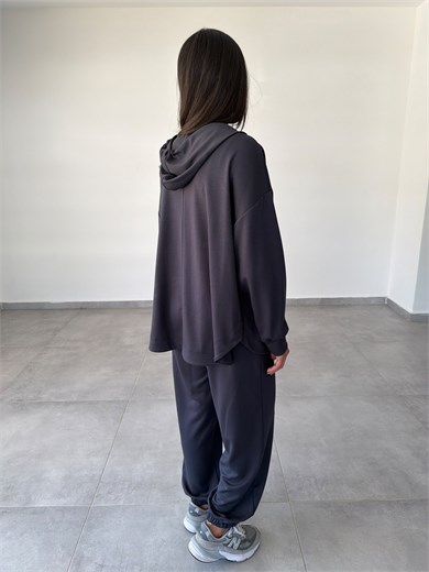 Antrasit Kapüşonlu Fermuarlı Rahat Kesim Sweatshirt