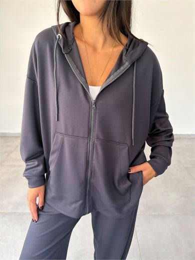 Antrasit Kapüşonlu Fermuarlı Rahat Kesim Sweatshirt