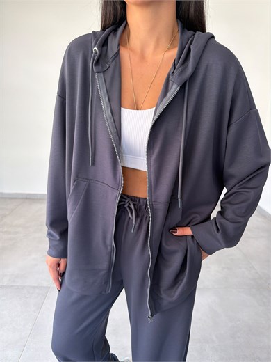 Antrasit Kapüşonlu Fermuarlı Rahat Kesim Sweatshirt