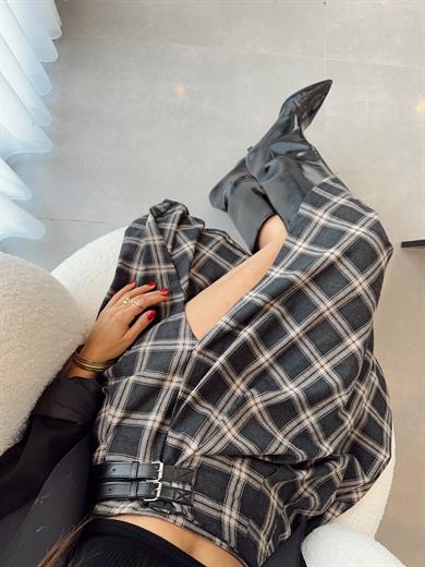 Antrasit Kemer Detaylı Ekose Desenli Etek