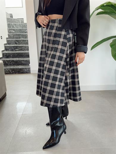 Antrasit Kemer Detaylı Ekose Desenli Etek