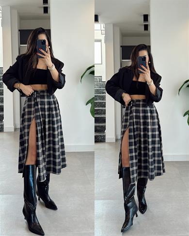 Antrasit Kemer Detaylı Ekose Desenli Etek