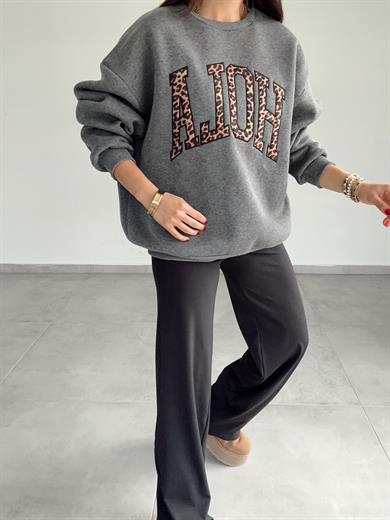 Antrasit Leopar Detaylı Sweat