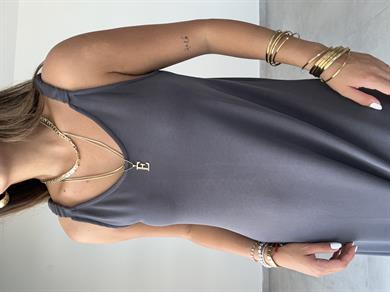 Antrasit Modal Büzgü Lastik Askılı Elbise